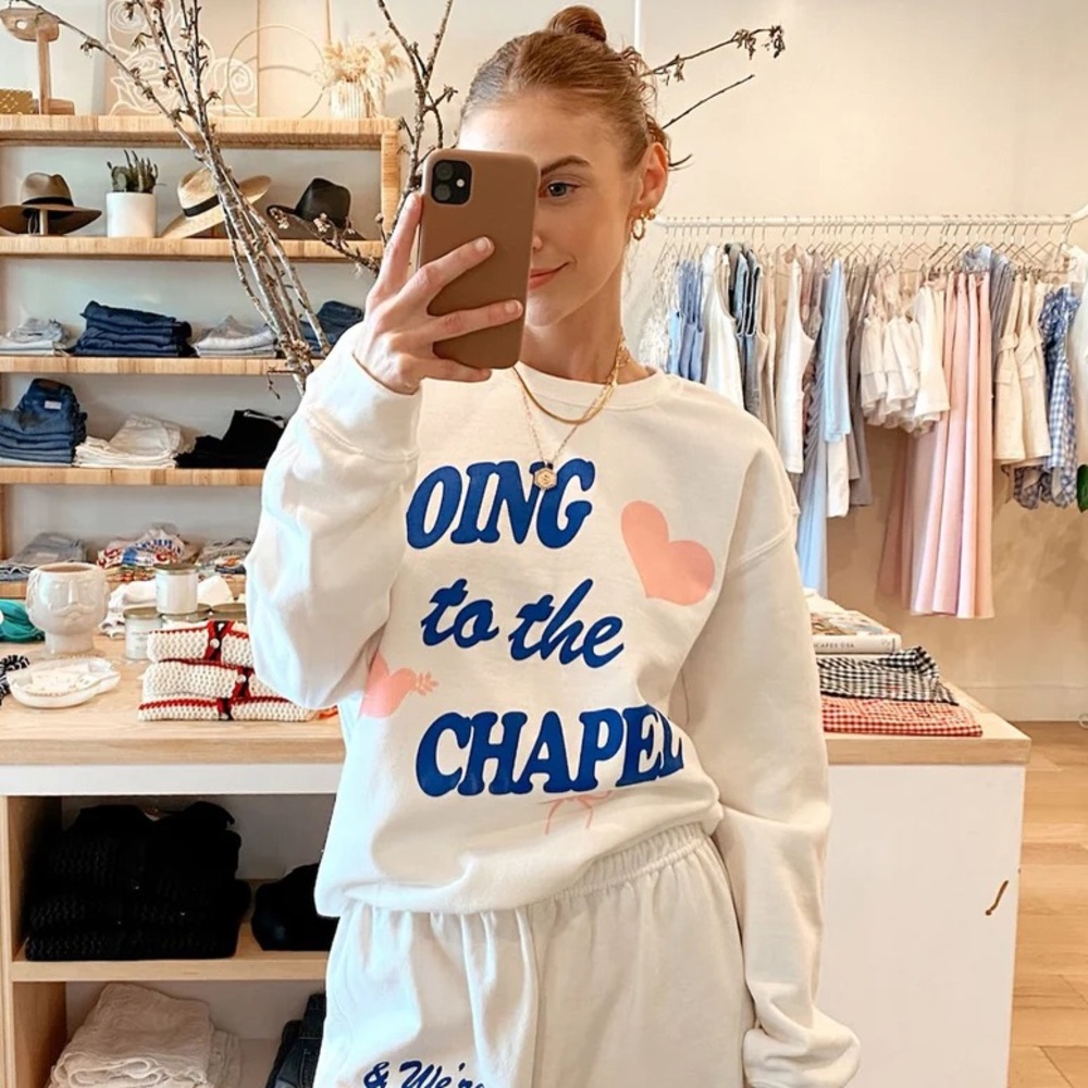 White Crewneck Sweatshirt with Blue Script & Pink Heart Graphic